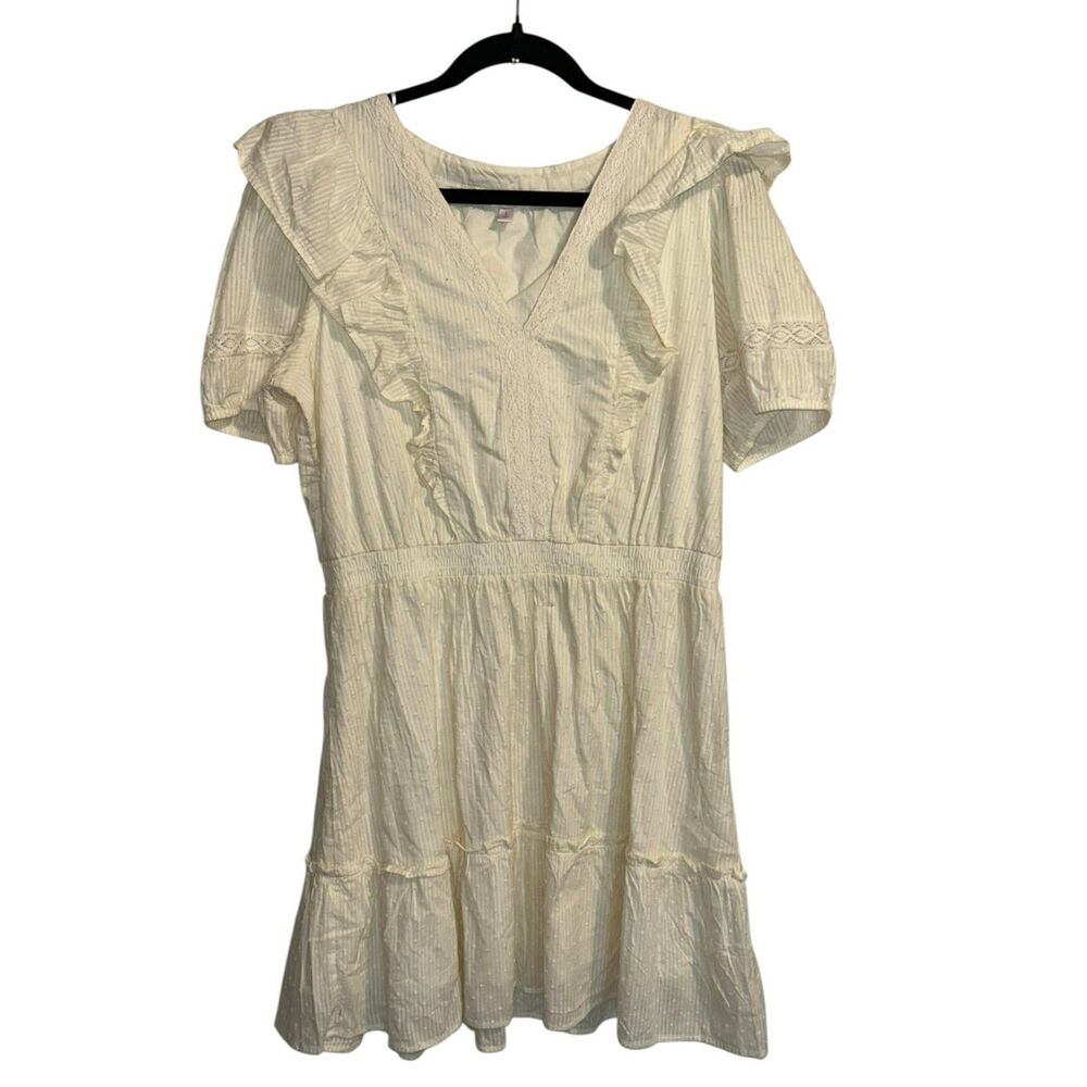LC Cream Swiss Dot Mini Dress Large Cottagecore Ruffle Boho Dress